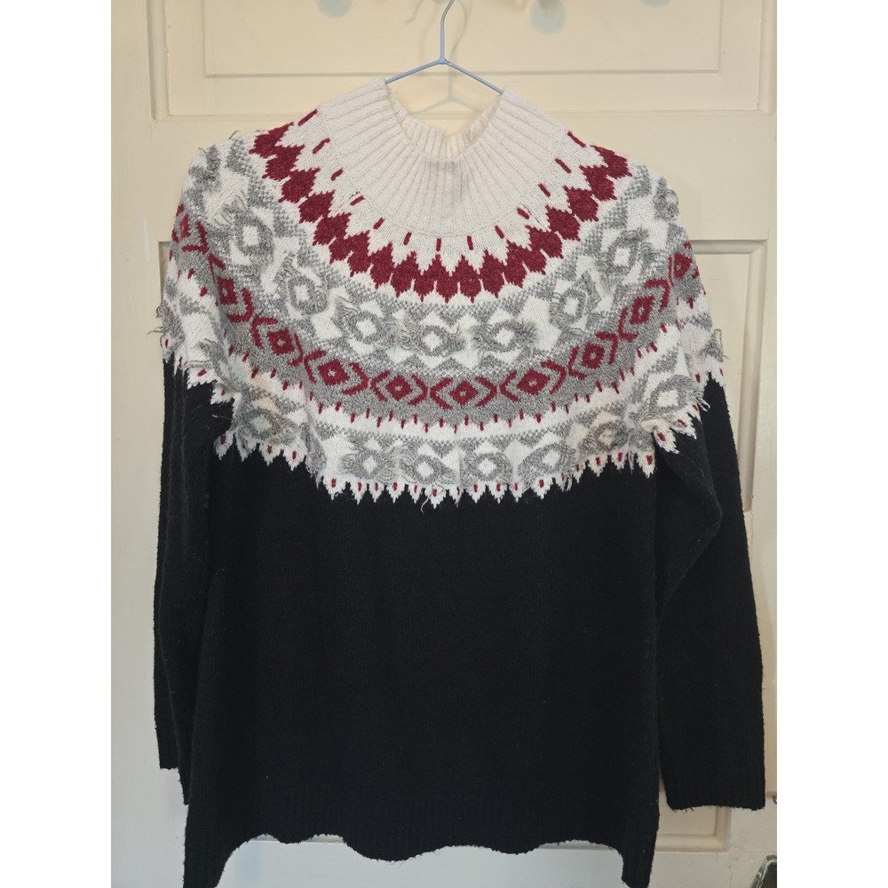 J. Jill Womens Sweater Nordic Fair isle Mock Neck Fringe Pullover Size MEDIUM